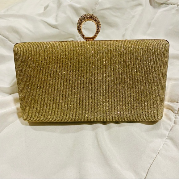 Gold Glitter/Crystal Minaudière Finger Ring Spring Closure Clutch / Shoulder EUC - Picture 7 of 13